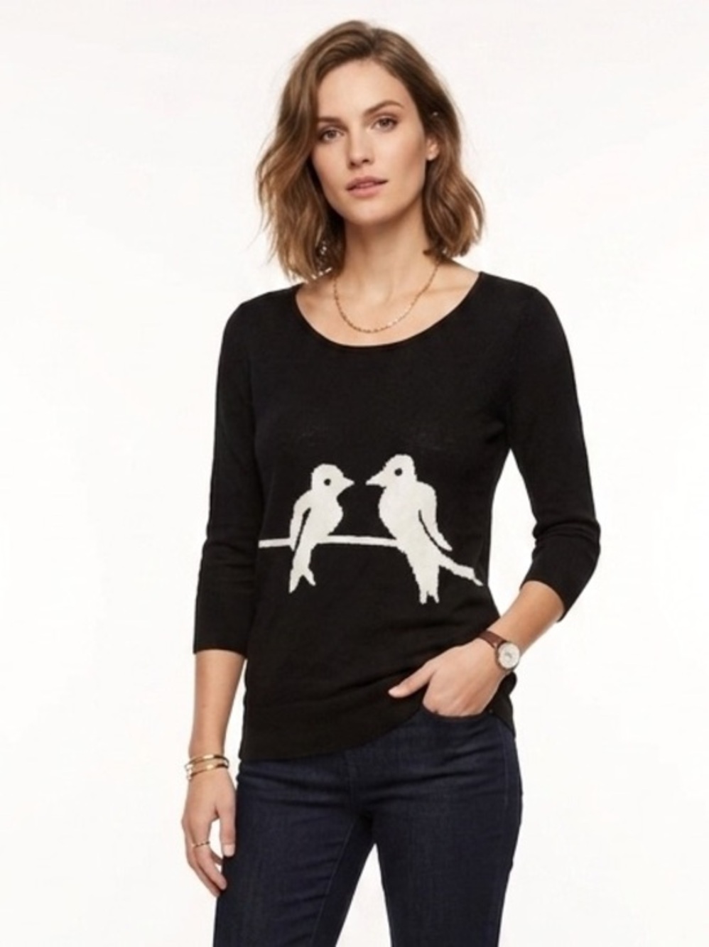 Black & White Scoop Neck Bird Motif Sweater Size Small